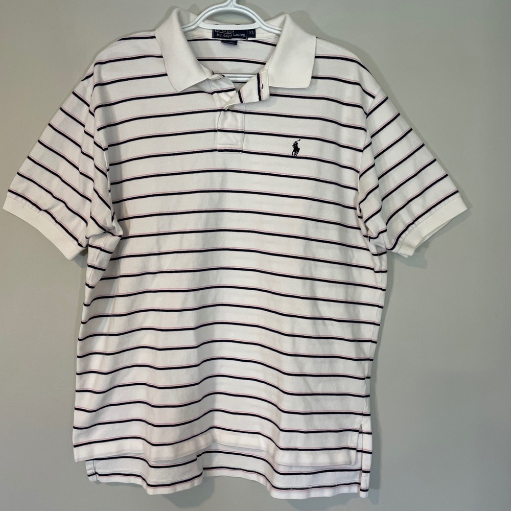 Polo Ralph Lauren Mens XL White Navy Pink Striped Short Sleeve Polo Shirt READ